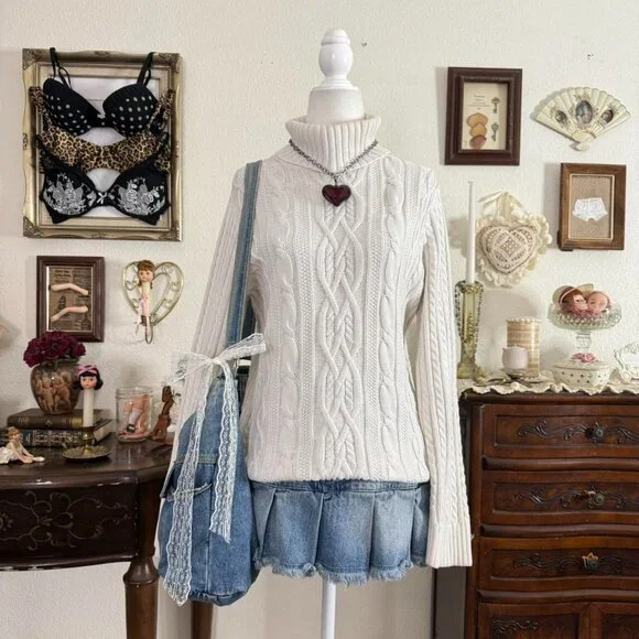 cozy girly grunge preppy coquette white cable knit turtleneck sweater - Picture 1 of 5
